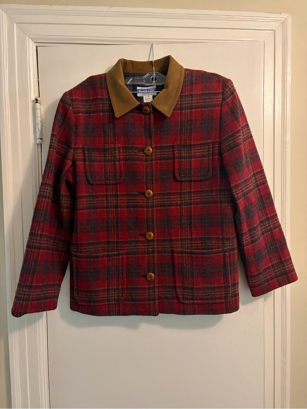 Vintage Pendleton Petite Red Plaid 100% Virgin Wool Suede Collar Jacket Size 8